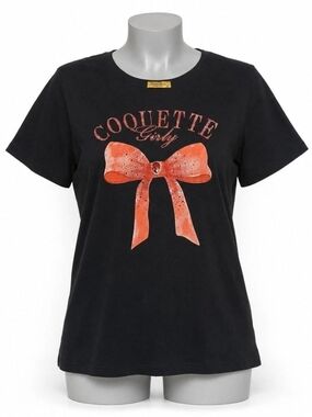 Vinizbena Coquette Girly Bow Rhinestone Graphic Tee Black 2XL Plus Size